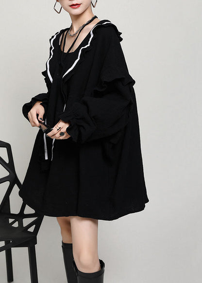 Comfy Black V Neck Ruffles Asymmetrical Design Fall Maxi Dresses Long Sleeve