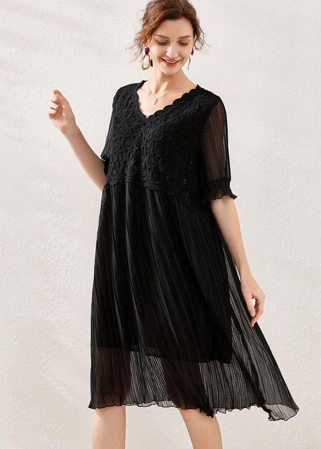 Comfy Black Wrinkled Patchwork Spring Short Sleeve Dress