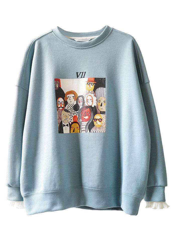 Comfy Blue Casual O-Neck Print Fall Sweatshirt