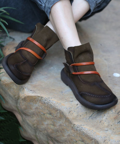 Comfy Brown Cowhide Splicing Cross Strap Leather Boots