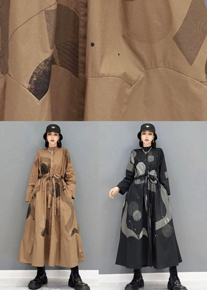 Comfy Brown Pockets Tie Waist Fall Long Sleeve Dresses