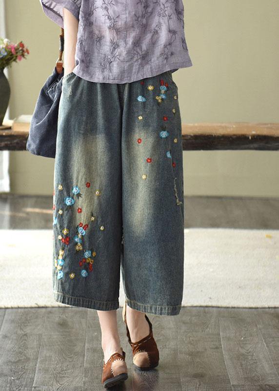Comfy Dark Color Embroideried Hole Wide Leg Denim Pants