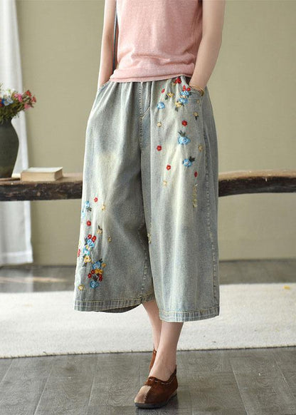 Comfy Dark Color Embroideried Hole Wide Leg Denim Pants