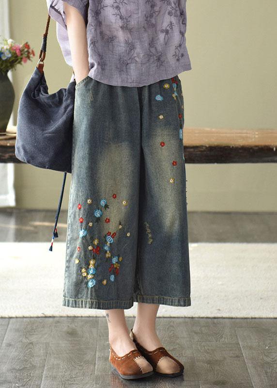 Comfy Grey Embroideried Wide Leg Denim Pants for