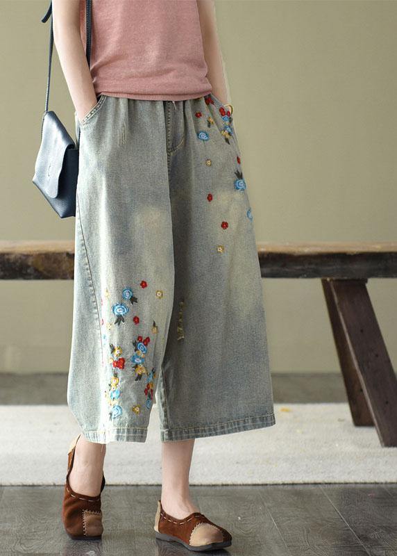 Comfy Grey Embroideried Wide Leg Denim Pants for
