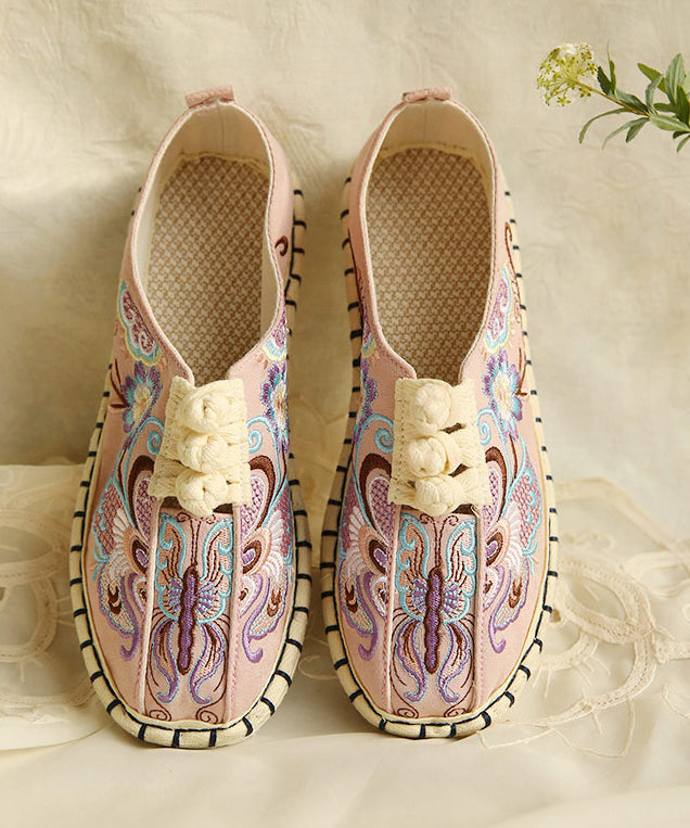 Comfy Flats Embroideried Buckle Strap Pink Linen Fabric Flat Shoes for