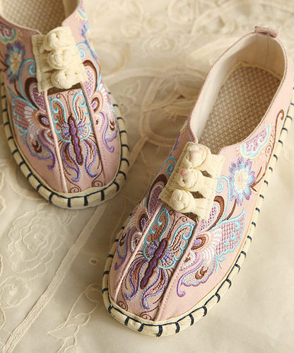Comfy Flats Embroideried Buckle Strap Pink Linen Fabric Flat Shoes for