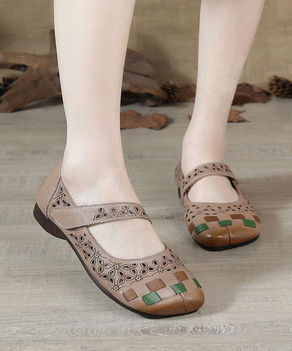 Comfy Hollow Out Loafers for Khaki Cowhide Leather