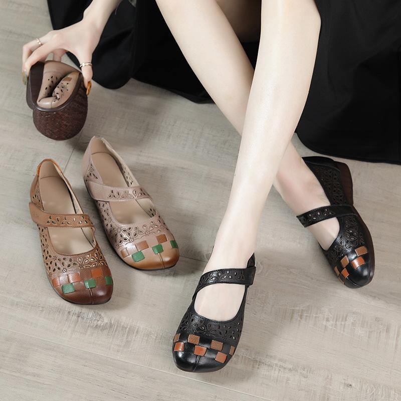 Comfy Hollow Out Loafers for Khaki Cowhide Leather