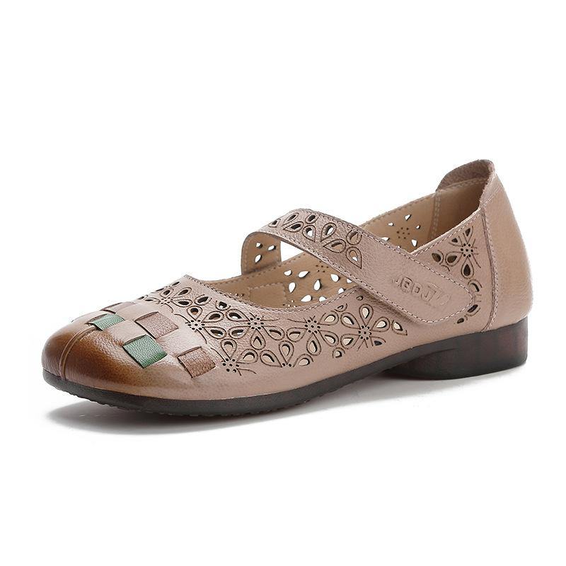 Comfy Hollow Out Loafers for Khaki Cowhide Leather