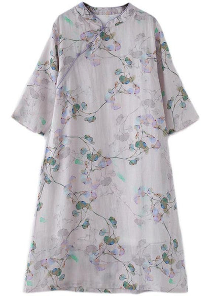 Comfy Light Purple Print Oriental Ramie Maxi Dresses Fall
