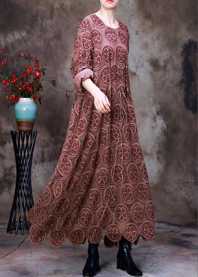 Orange Embroideried Asymmetrical Design Fall Dress Long Sleeve