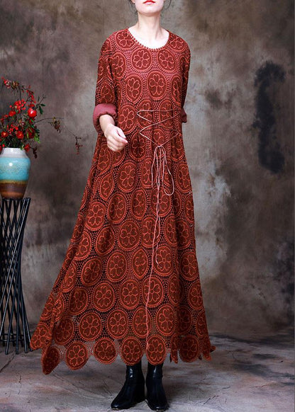 Orange Embroideried Asymmetrical Design Fall Dress Long Sleeve