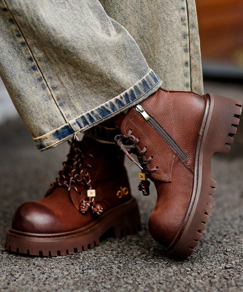 Comfy Splicing Platform Boots Coffee Cowhide Leather Fuzzy Wool Lined