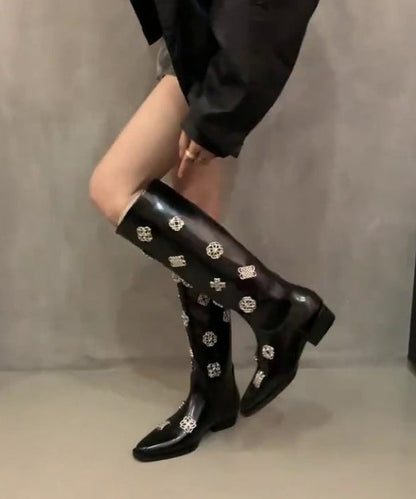 Comfy Splicing Sequined Chunky Boots Black Cowhide Leather