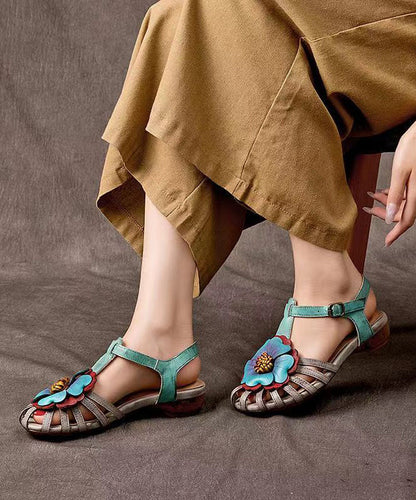 Comfy Splicing Wedge Sandals Grey Cowhide Leather Hollow Out
