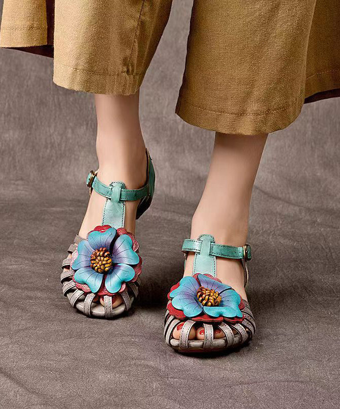 Comfy Splicing Wedge Sandals Grey Cowhide Leather Hollow Out
