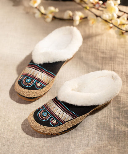 Comfy Splicing Beige Fuzzy Wool Lined Slippers Shoes