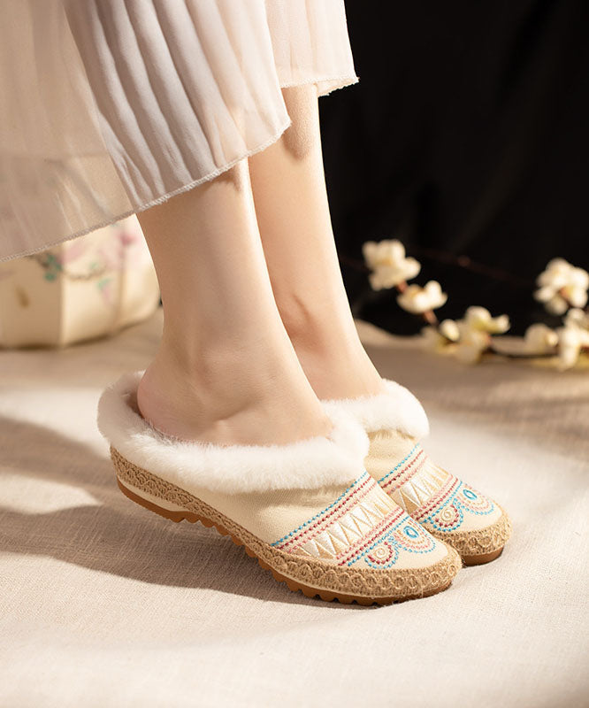 Comfy Splicing Beige Fuzzy Wool Lined Slippers Shoes