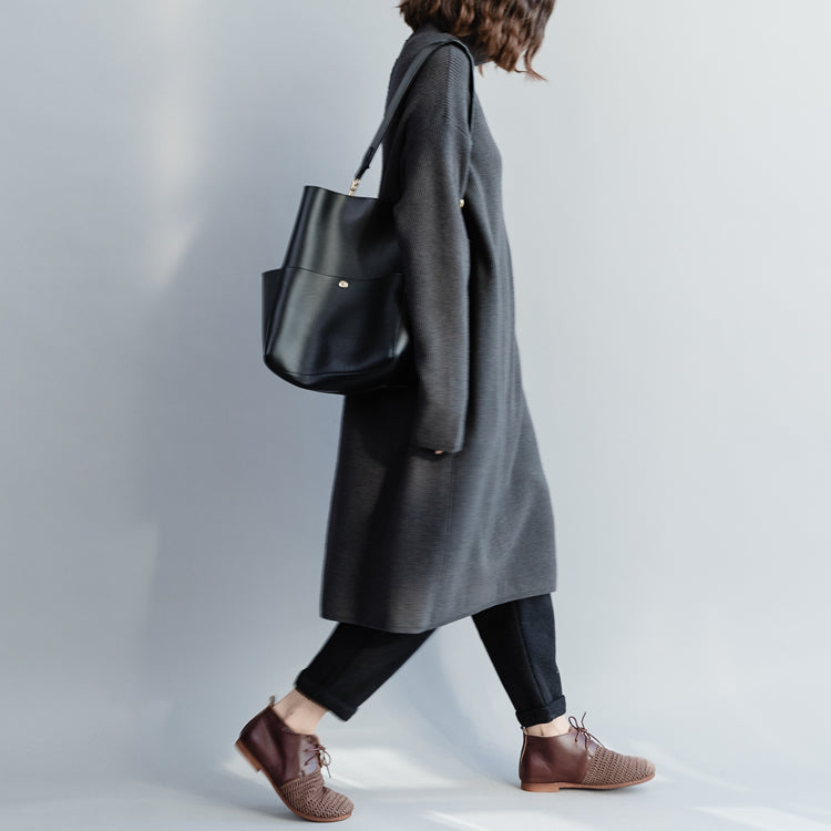Comfy Sweater Dress Outfit Quotes High Neck Baggy Dark Gray Baggy Knitwear