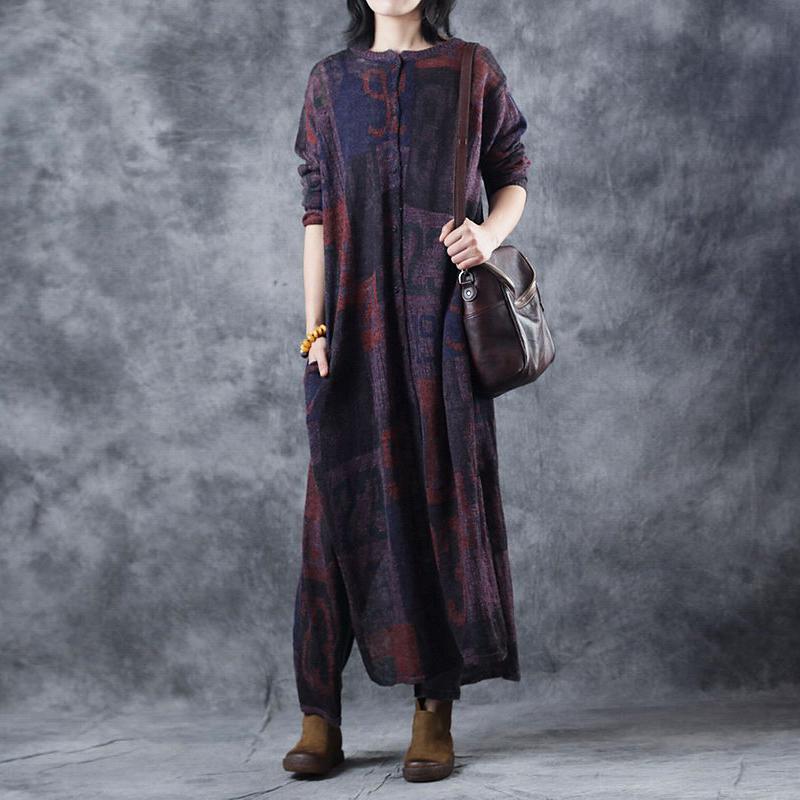 Comfy Sweater Dress Outfit Knitted Printing Split Pleated Spring Maxi Dress