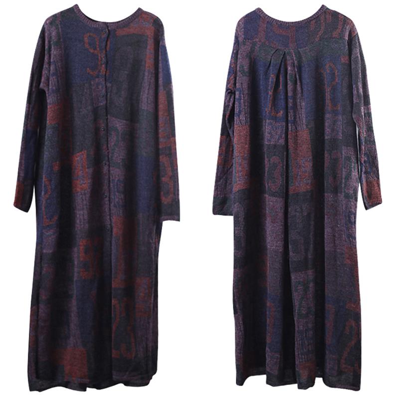 Comfy Sweater Dress Outfit Knitted Printing Split Pleated Spring Maxi Dress