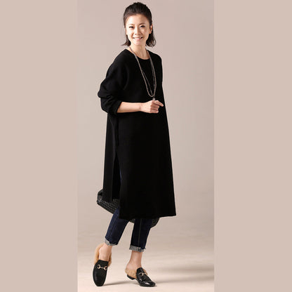 Comfy Sweater Outfits Side Open Black Diy Knitted Tops O Neck
