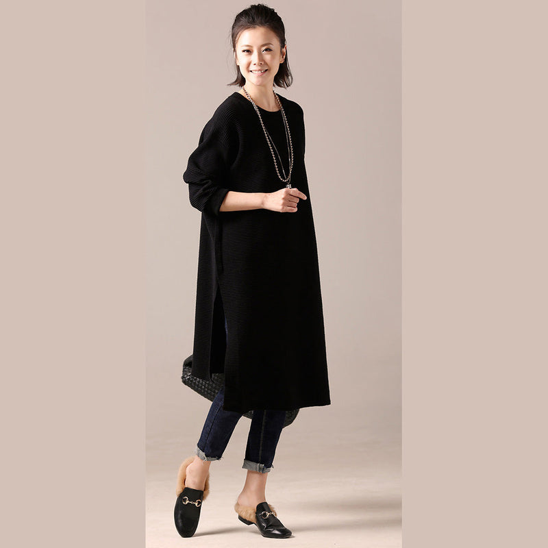 Comfy Sweater Outfits Side Open Black Diy Knitted Tops O Neck
