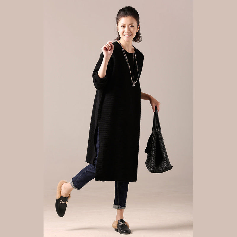 Comfy Sweater Outfits Side Open Black Diy Knitted Tops O Neck