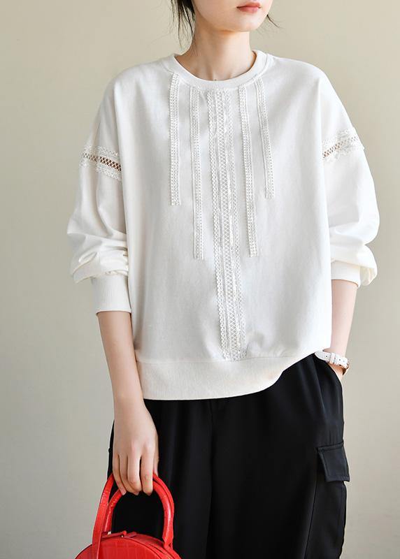 Comfy White Cotton Long sleeve Loose Sweatshirts Top