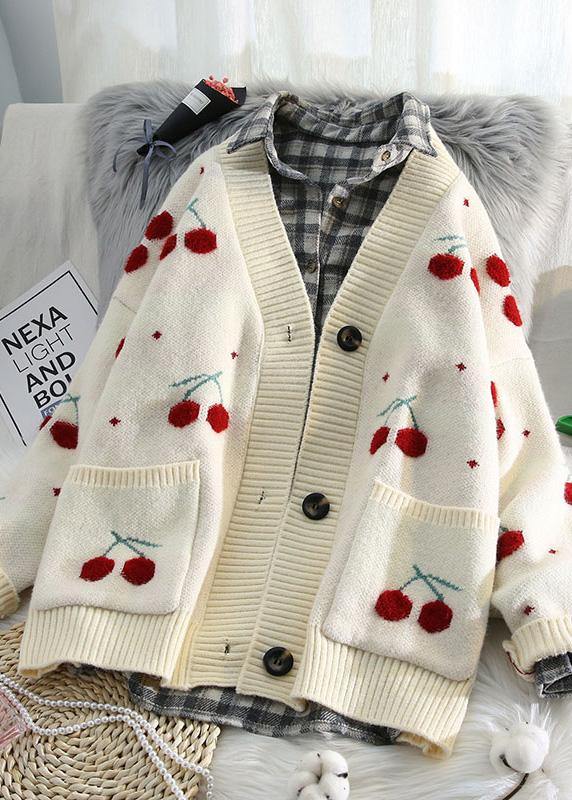 Comfy Beige Knitted Jackets Loose Fitting Spring V Neck Knit Sweat Tops