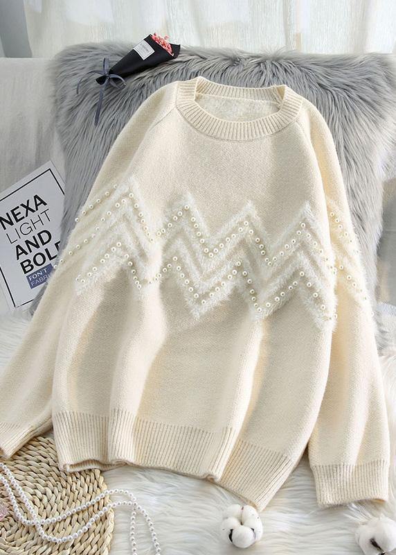 Comfy Beige Knitted T Shirt O Neck Loose Fitting Knitwear