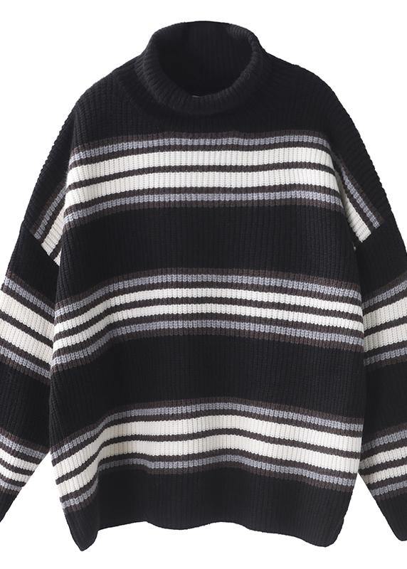 Comfy Black Striped Clothes Oversized Winter Sweaters High Neck