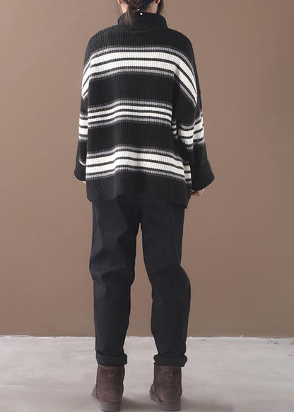 Comfy Black Striped Clothes Oversized Winter Sweaters High Neck
