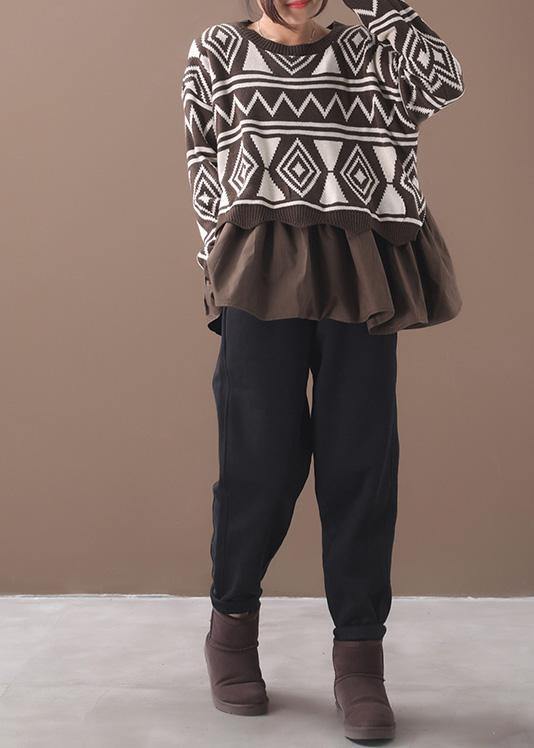 Comfy Brown Sweater Blouse Patchwork Geometry Knit Tops
