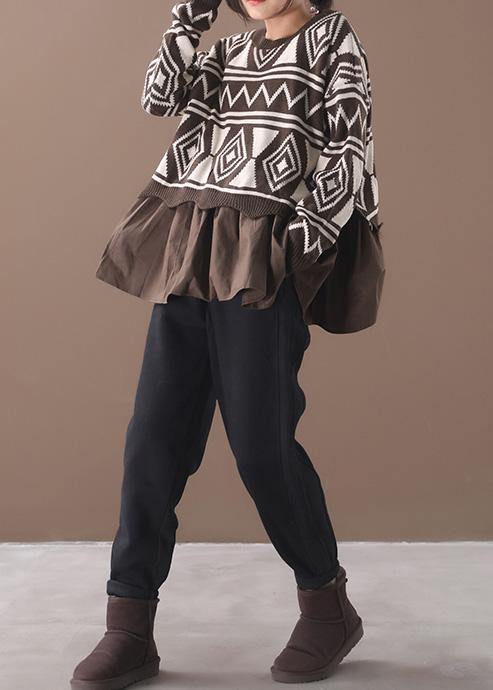 Comfy Brown Sweater Blouse Patchwork Geometry Knit Tops