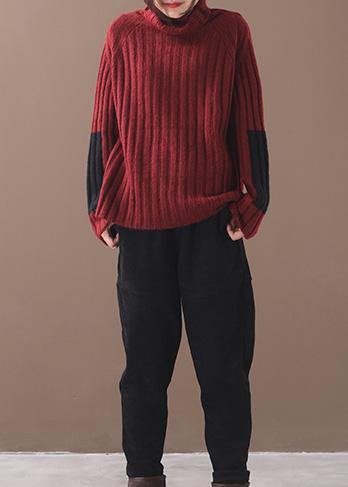 Comfy Burgundy Knit Blouse Patchwork Sleeve High Neck Knit Tops