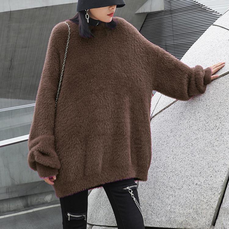 Comfy Chocolate Knit Sweat Tops O Neck Baggy Clothes