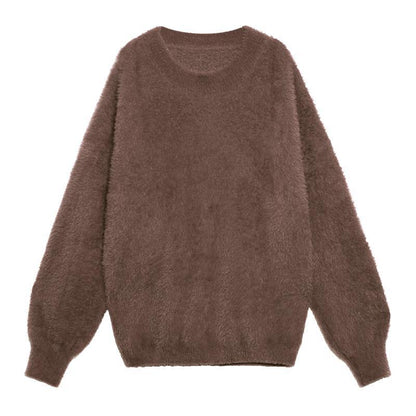 Comfy Chocolate Knit Sweat Tops O Neck Baggy Clothes