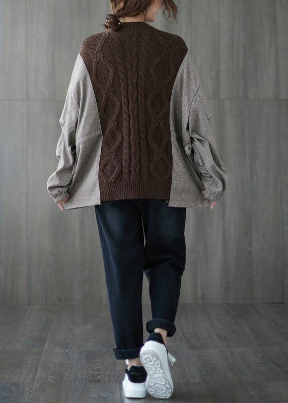 Comfy Fall Chocolate Knitted Blouse O Neck Patchwork Knitted T Shirt