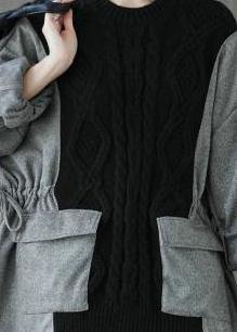 Comfy Fall Chocolate Knitted Blouse O Neck Patchwork Knitted T Shirt