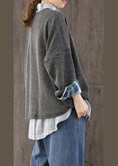 Comfy fall gray knitwear  plus size patchwork knitted pullover