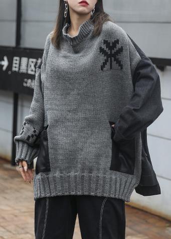 Comfy Gray Clothes O Neck Patchwork Oversize Fall Knitwear