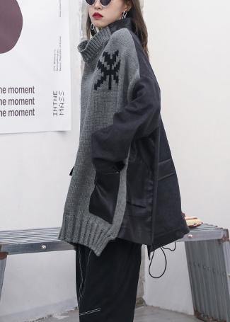 Comfy Gray Clothes O Neck Patchwork Oversize Fall Knitwear