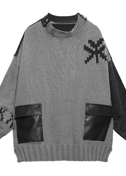 Comfy Gray Clothes O Neck Patchwork Oversize Fall Knitwear