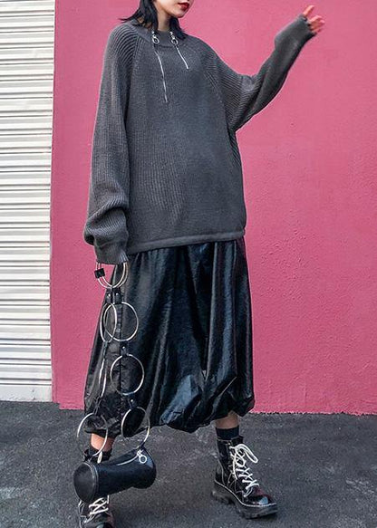 Comfy Gray Knit Tops Wild Oversize Zippered Knit Tops