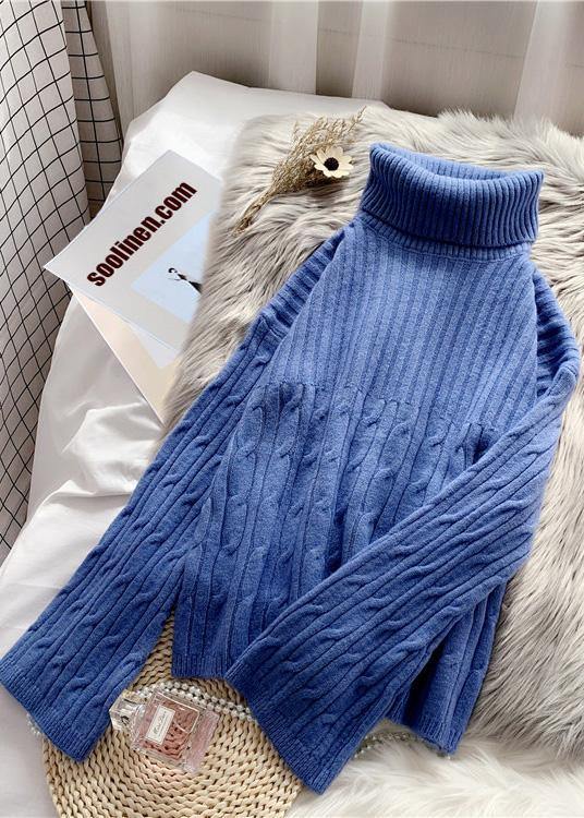 Comfy High Neck Color Knitted Blouse Loose Fitting Thick Knit Blouse