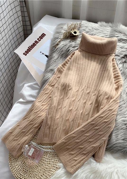 Comfy High Neck Color Knitted Blouse Loose Fitting Thick Knit Blouse