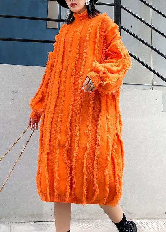 Comfy High Neck Tassel Sweater Fall Weather Upcycle Orange Baggy Knitwear
