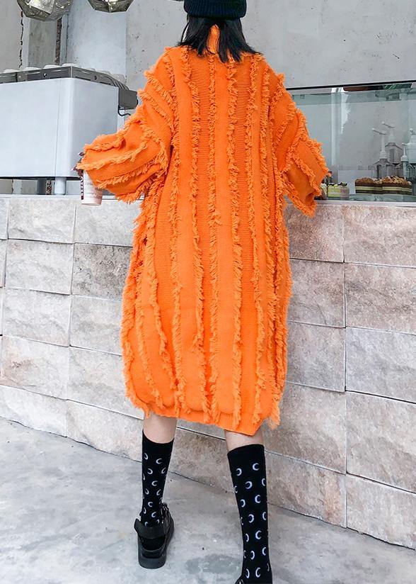 Comfy High Neck Tassel Sweater Fall Weather Upcycle Orange Baggy Knitwear